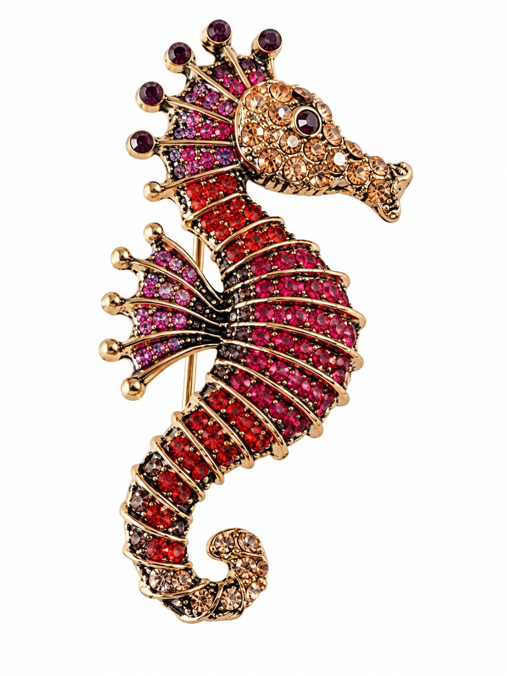 Seahorse Crystal Brooch - Multicolor Gold Tone